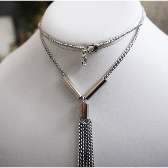 Tassel Y Dangle Pendant Necklace Silver Tone - Picture 4 of 6